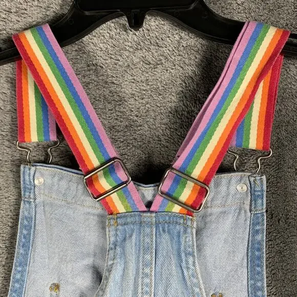 Overall Shorts Womens Medium Blue Denim Jeans Rainbow Details Festival Casual - Picture 9 of 15